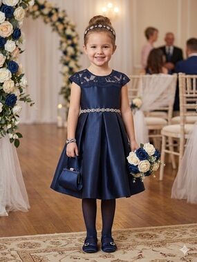 Rare Editions Navy Satin Lace Yoke Flower Girl Dress with Rhinestone Belt